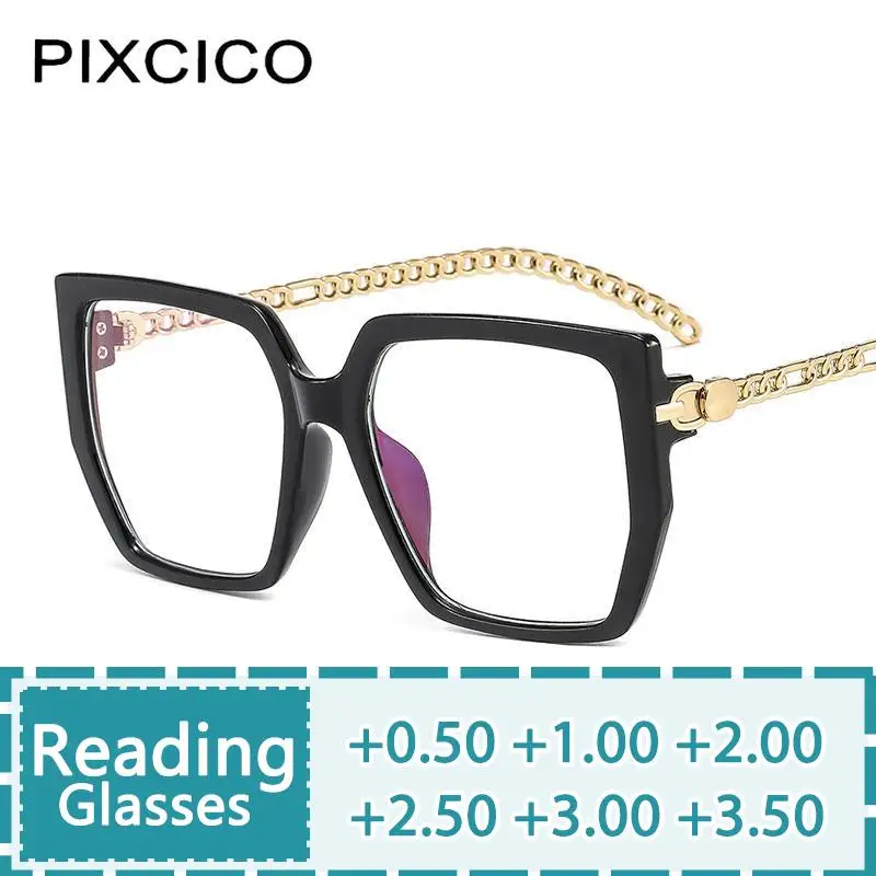 R56434 Mode Lesebrille +100 +200 +300 Damen-Presbyopiebrille mit großem Rahmen, AMetal-Kettenbein Image