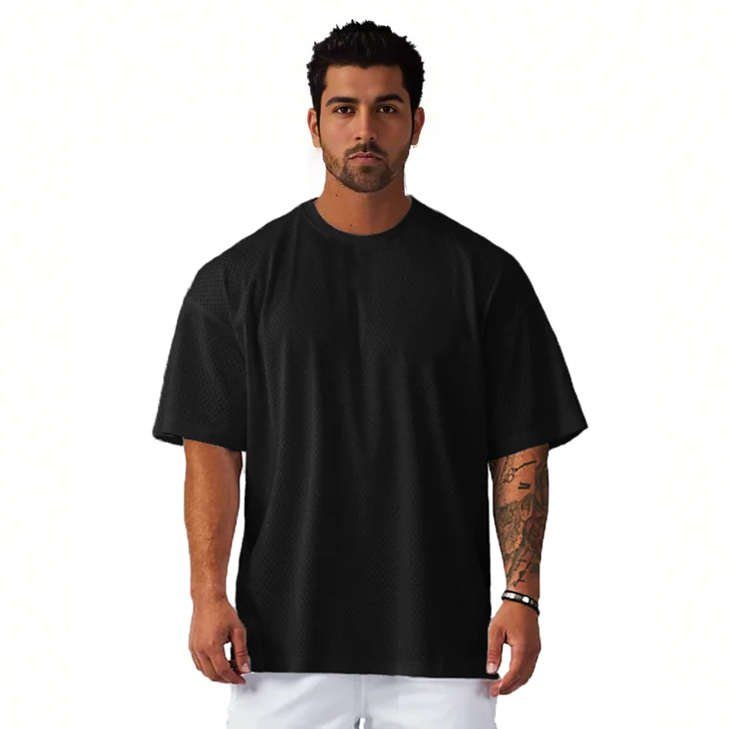 Übergroße lose Lauf-T-Shirts für Herren, Sport, halbe Ärmel, Bodybuilding, Fitness-Shirt, Sommer, Mesh, schnell trocknend, atmungsaktiv, Fitnessstudio-Bekleidung Image