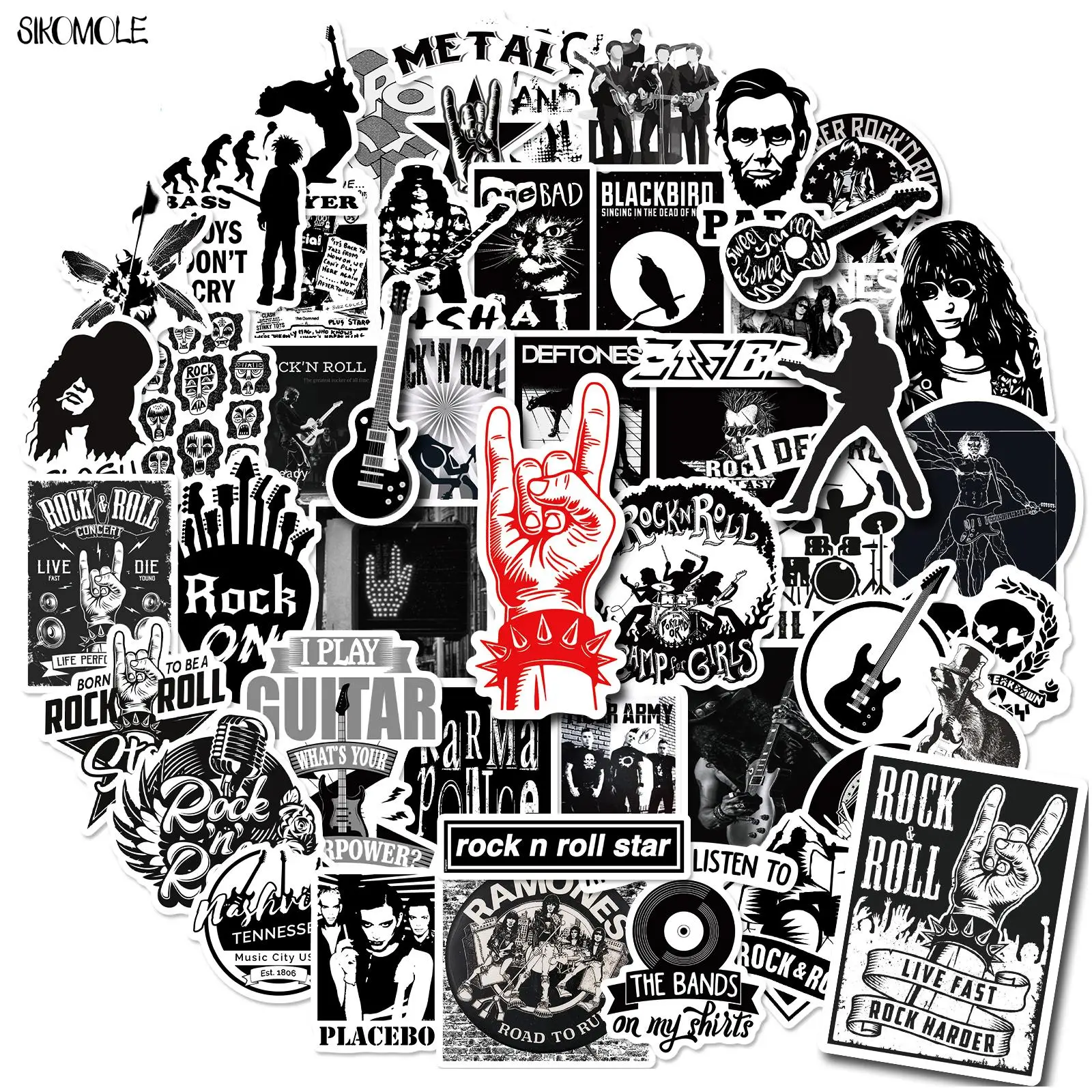 10/30/50PCS Cartoon Schwarz-Weiß Rock Band Aufkleber DIY Spielzeug Auto Skateboard Motor Laptop Snowboard Aufkleber Graffiti Aufkleber F5