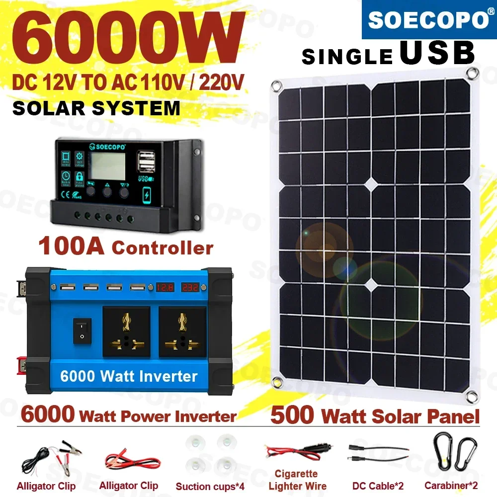 6000W Solar System Complete Kit 12V To 110V/220V 100A Controller 500W Panel Off-Grid Inverter System for Home/Camping Backup Image
