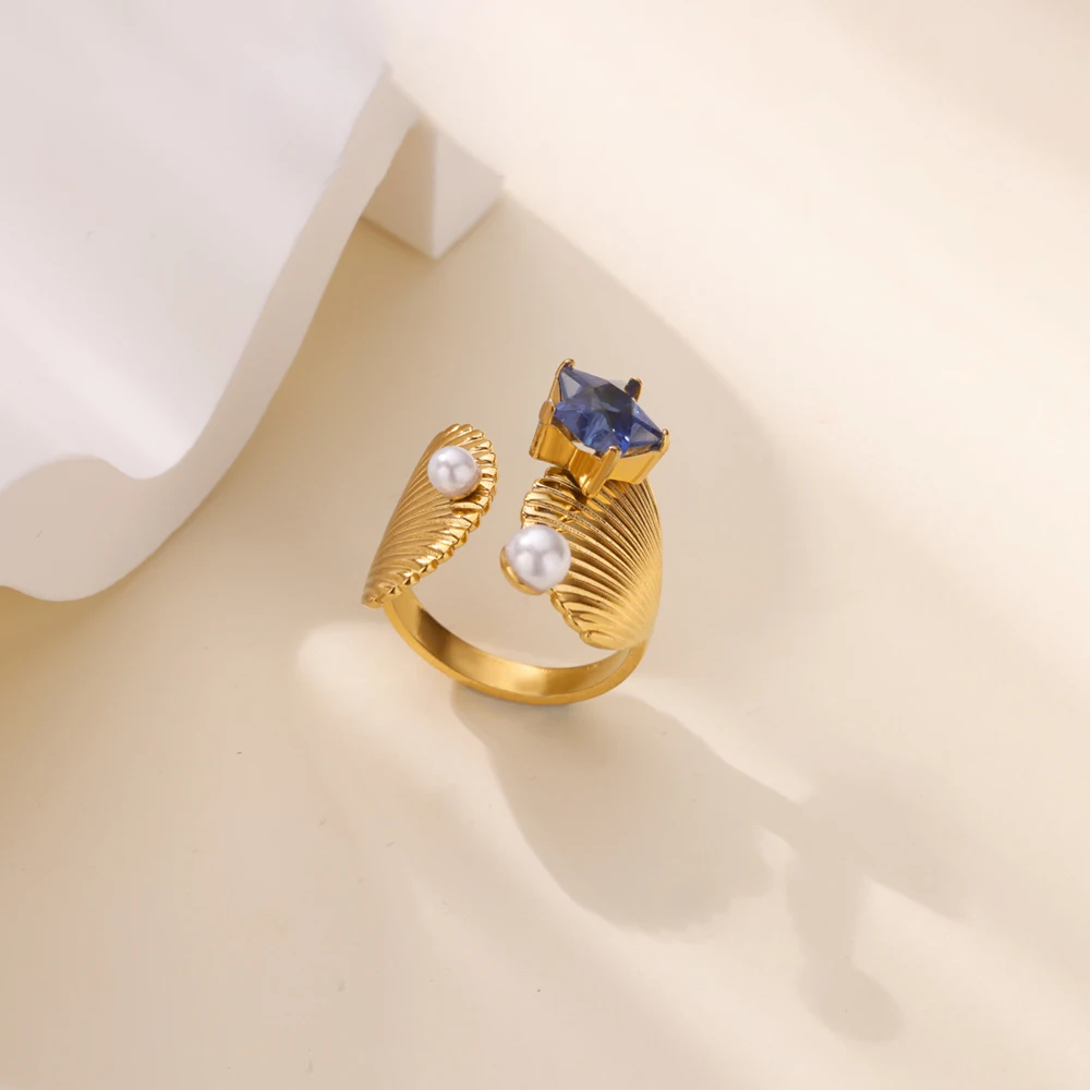 Doppel Shell Edelstahl Gold Farbe Offene Ringe für Frauen Luxus Stern Imitation Perle Ring Sommer Strand Urlaub Schmuck Geschenk Image
