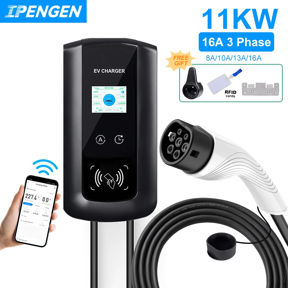 IPENGEN EV-Ladestation 11 kW Elektrofahrzeug-Autoladegerät EVSE Wallbox Wandmontage 16 A Typ 2 Kabel IEC62196 APP-Steuerung Image