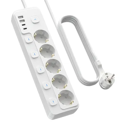 Eu-Mehrstecker-Steckdosenleiste mit 5 AC-Steckdosen, 2 USB A und 2 USB C, intelligente Ladeanschlüsse, unabhängiger Schalter, 2 m langes Kabel, weiß Image