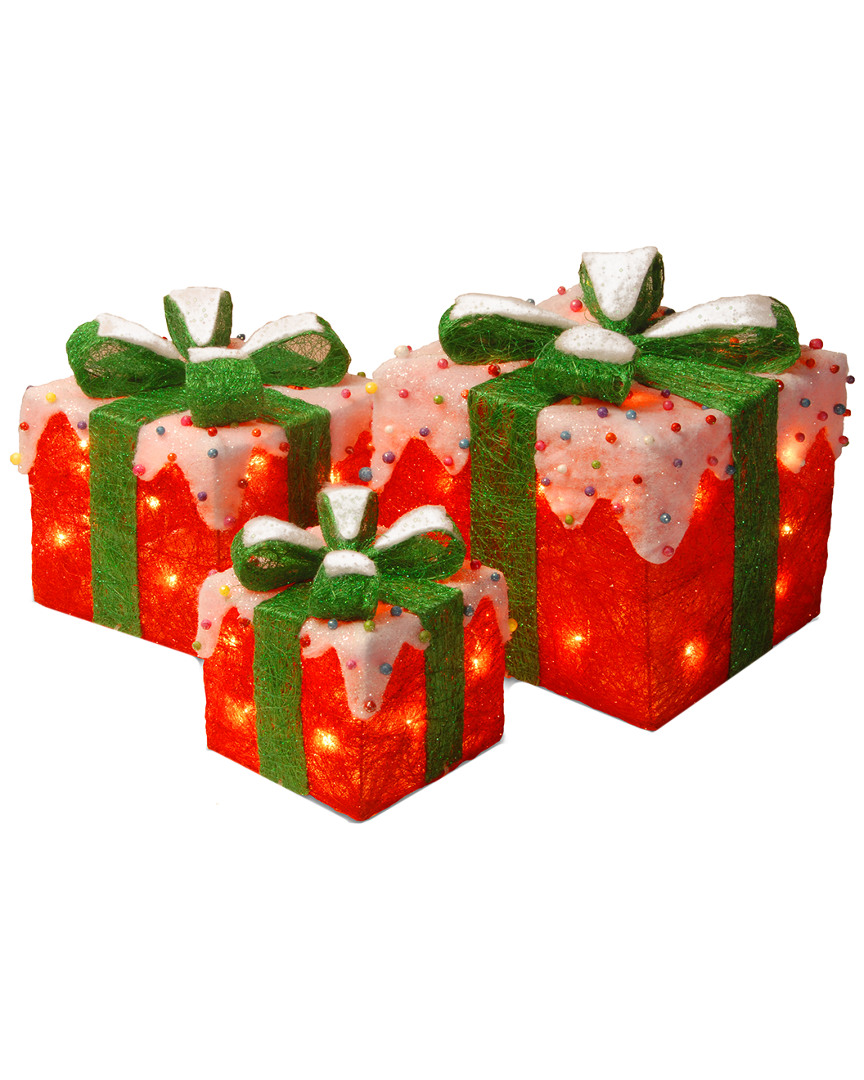 National Tree Company Set Of 3 Red Sisel Gift Boxes