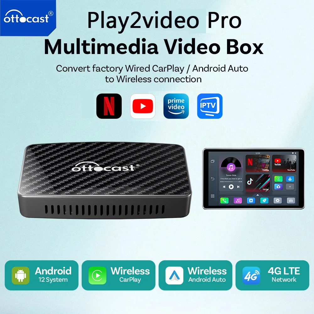 OTTOCAST Play2Video Pro Ai Box Pro Built in YouTube Netflix IPTV Video Box Wired to Wireless CarPlay Android Auto Adapter