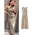 TRAF nouvelle robe mi-longue pour les femmes mode rue à manches courtes élégant solide plis mince fête longue robe décontracté Chic col irrégulier