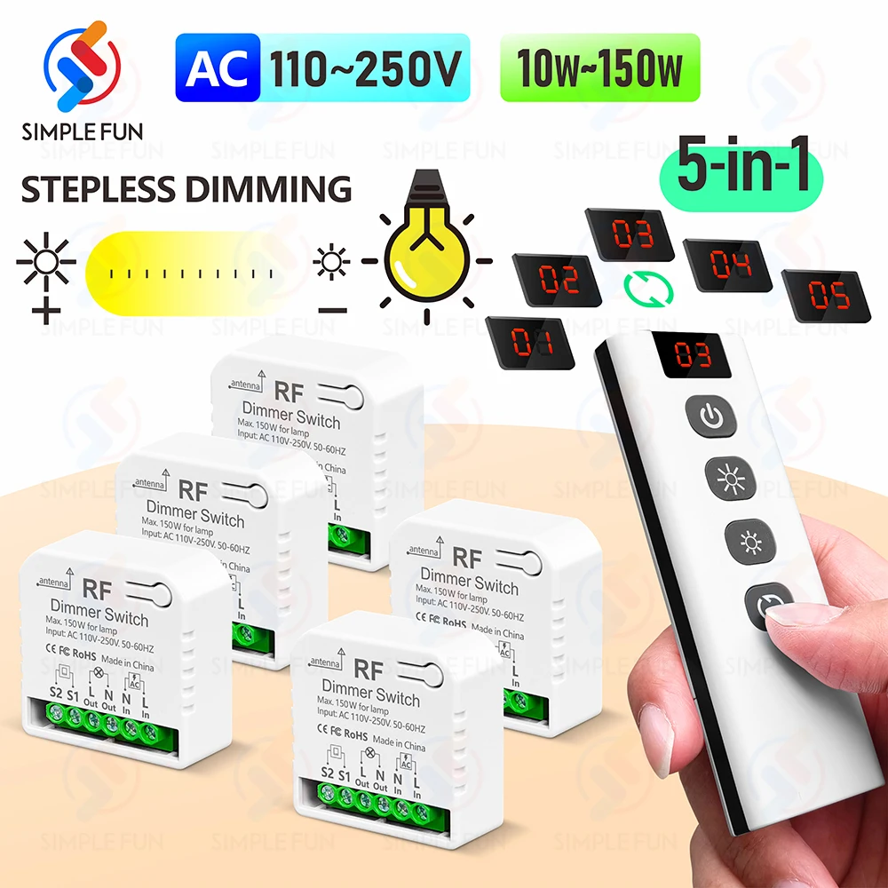 433 MHz kabelloser Dimmer-Lichtschalter, AC 110 V, 220 V, 230 V, dimmbares Schaltermodul, 5-in-1-Fernbedienung, für 10–150 W LED-Lampe, Halogen-Dimmung