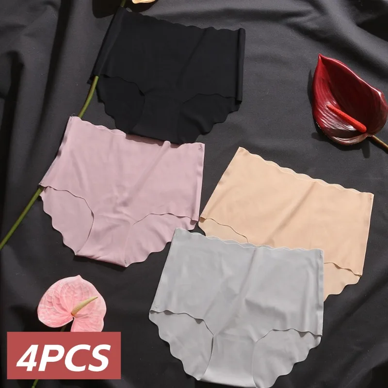 4-teiliges High-Rise-Damenhöschen, nahtlose Elastizität, weibliche Unterwäsche, solide, weiche Slips in Übergröße, Damenmode, Sport-Dessous Image