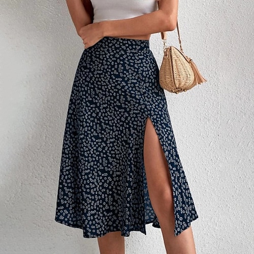 Damen Lässig Knielang Mittlere Hüfthöhe Röcke Blumen Druck Mikroelastisch Urlaub Straße Blau Schwarz Gelb Orange Sommer Polyester Image