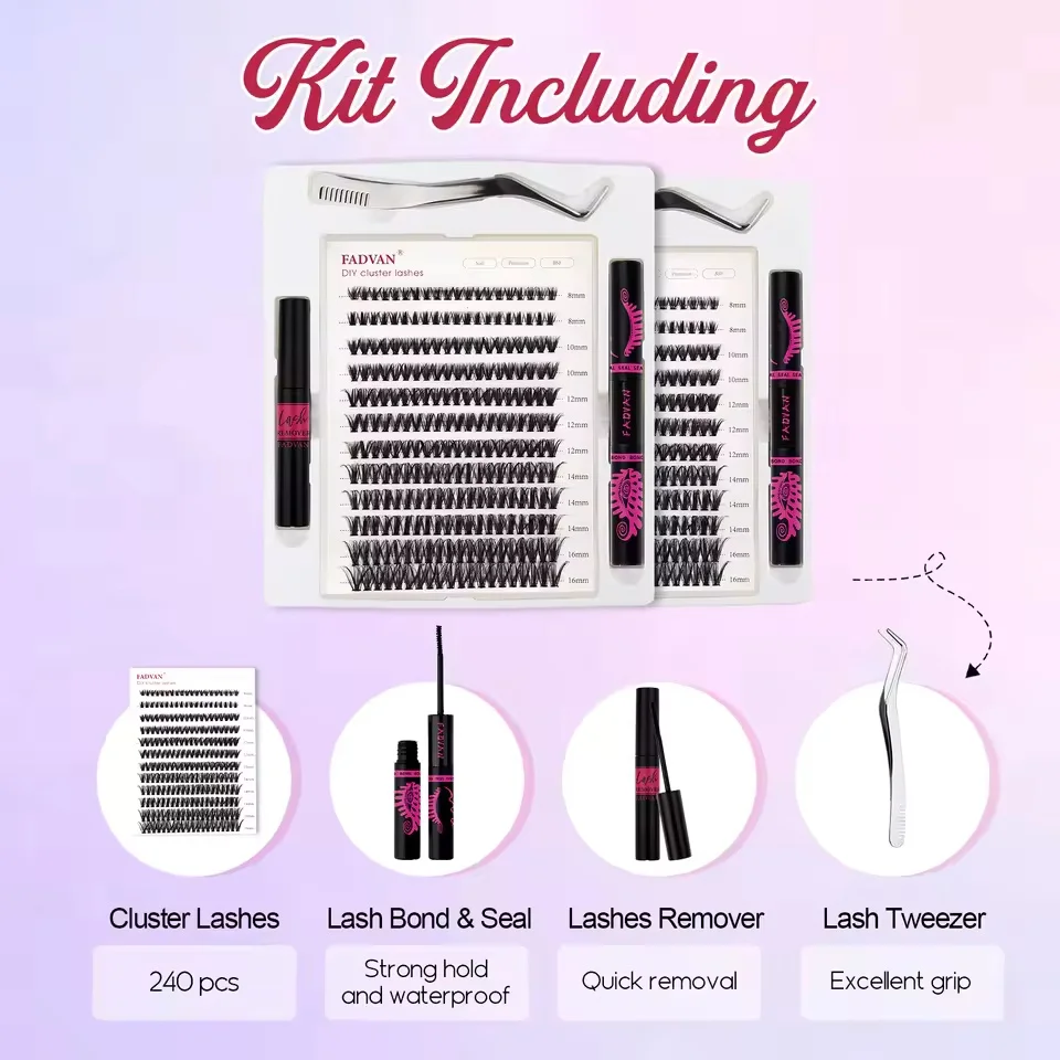 FADVAN Heat DIY Cluster-Wimpern- und Kleber-Set, 12 Reihen, D-Curl-Mix, 8–16 mm, heller, natürlicher Wimpernverlängerungsanzug Image