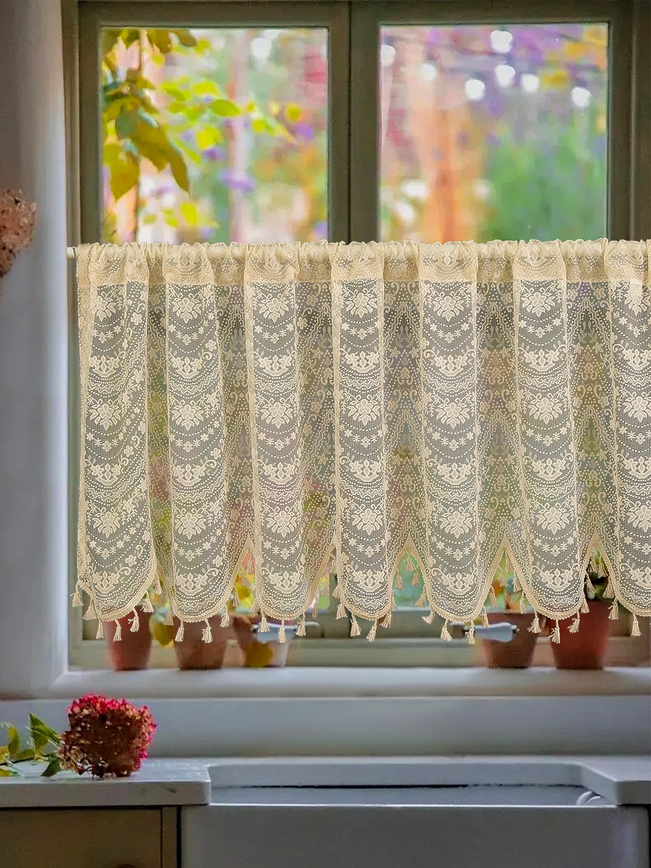 1 x beige Spitzen-Halskette zum Aufhängen, Fransen, kurze Vorhänge, kleine Vorhänge für Wohnzimmer, Schlafzimmer, Fenster, Schrankbarriere, kurze Vorhänge Image