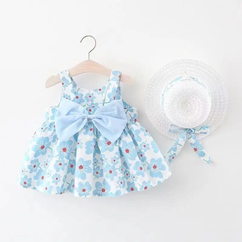 Babykleidung für Mädchen Sommer Neue Mädchen Baby Gedruckt Blume Großen Bogen Kleid Mit Hut kinder Ärmellose Prinzessin Kleid Strand Urlaub Image