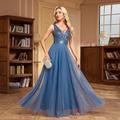 A-Linie Abendkleid Elegant Kleid Abendgesellschaft Abschlussball Bodenlang Ärmellos V Ausschnitt Gürtel / Schärpe Tüll V-Ausschnitt mit Glitzer Stickerei 2025