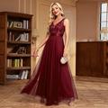 A-Linie Abendkleid Elegant Kleid Abendgesellschaft Abschlussball Bodenlang Ärmellos V Ausschnitt Gürtel / Schärpe Tüll V-Ausschnitt mit Glitzer Stickerei 2025