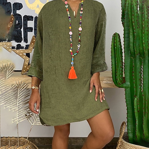 Damen Minikleid Baumwoll Mischung Baumwoll-Leinen-Kleider Shiftkleid Mode Basic Klassisch Täglich Ausgehen Wochenende Normale Passform Einfach Langarm V Ausschnitt Weiß Gelb Armeegrün Marineblau Image