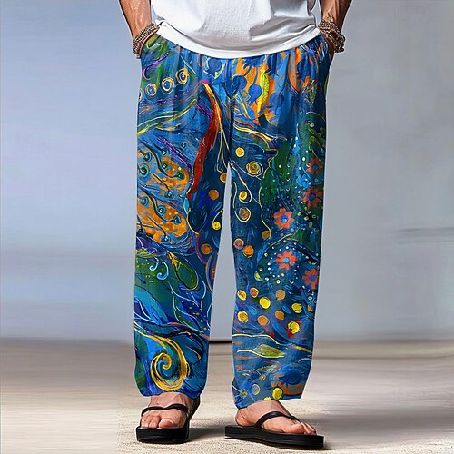 Herren Blumendruck Blumen Hose Baggy-Hosen Freizeithose Mittlere Taille Vintage-Retro Outdoor Urlaub Ferien Kordelzug Elastischer Bund Weites Bein Sommer Frühling 3D-Druck Blau Braun Image