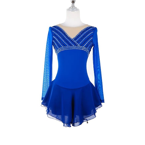 Eiskunstlaufkleid Damen Mädchen Eislaufen Kleid Blau Patchwork Offener Rücken Netzstoff Spandex Dehnbar Training Übung Professionell Eiskunstlaufkleidung Thermowarm Kristall / Strass Langarm Image