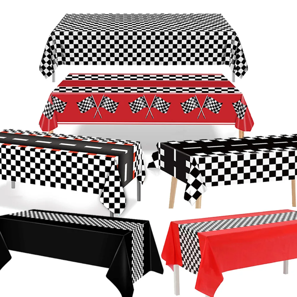 Einweg-Tischdecke mit Rennwagen-Thema, rot, schwarz, weiß, kariertes Muster, für Jungen, Kinder, Geburtstag, Party, Dekoration, Zubehör, Geschenke ﻿ Image