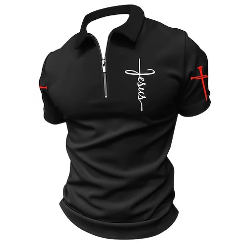 Ostern Herren Kreuz Reißverschluss-Polo Kurzarm Umlegekragen Vintage Outdoor Athleisure Alltagstauglich Reißverschluss Sommer Grau Schwarz Dunkel Blau Image