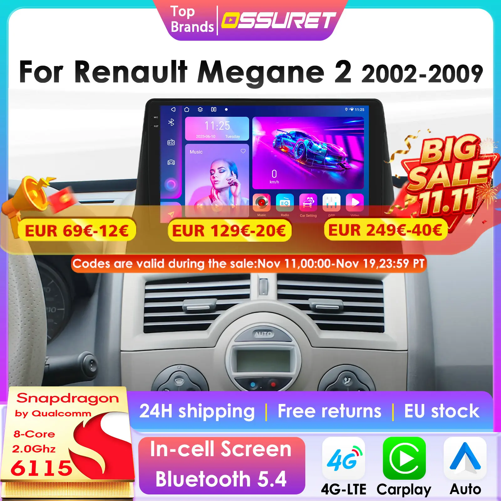 OSSURET CarPlay Android 14 Auto Multimedia Video Player Für Renault Megane 2 2002-2009 Navigation GPS 2din 4G autoradio RDS 6115 Image