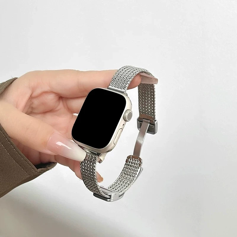 Magnetisches Klappschlaufenarmband für Apple Watch 10, 9, 8, 7, 41/45 mm, dünnes Edelstahlarmband für Damen für iwatch SE 6, 5, 4, 40/44 mm 38 Image
