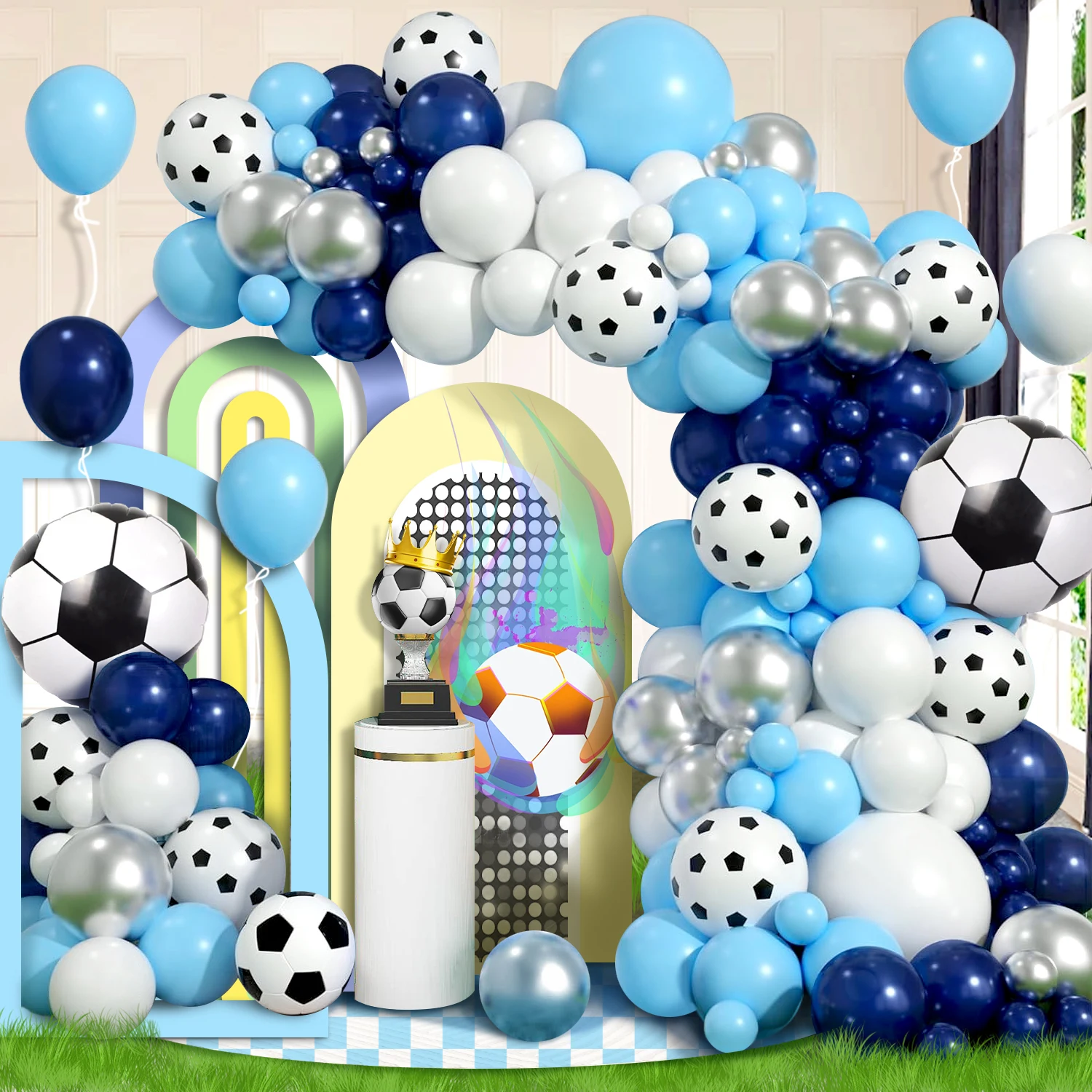 116-teiliges Ballon-Girlanden-Set mit Fußball-Thema, blauer und weißer Ballon, Ballon mit Fußball-Aufdruck, Herren-Fußball-Geburtstagsdekoration, Sport-Thema, Junggesellenabschiedszubehör Image