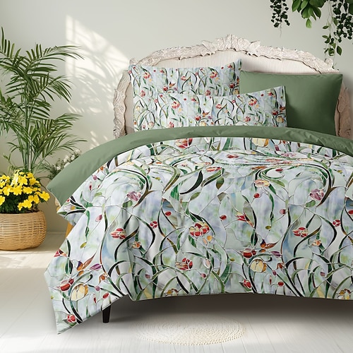 Floral Bettbezugset 100% Baumwolle Weiche und atmungsaktive Bettwäsche mit Buntglasblumen Leichter und langlebiger Bettbezug Komfortabel für alle Jahreszeiten Pflegeleicht Image