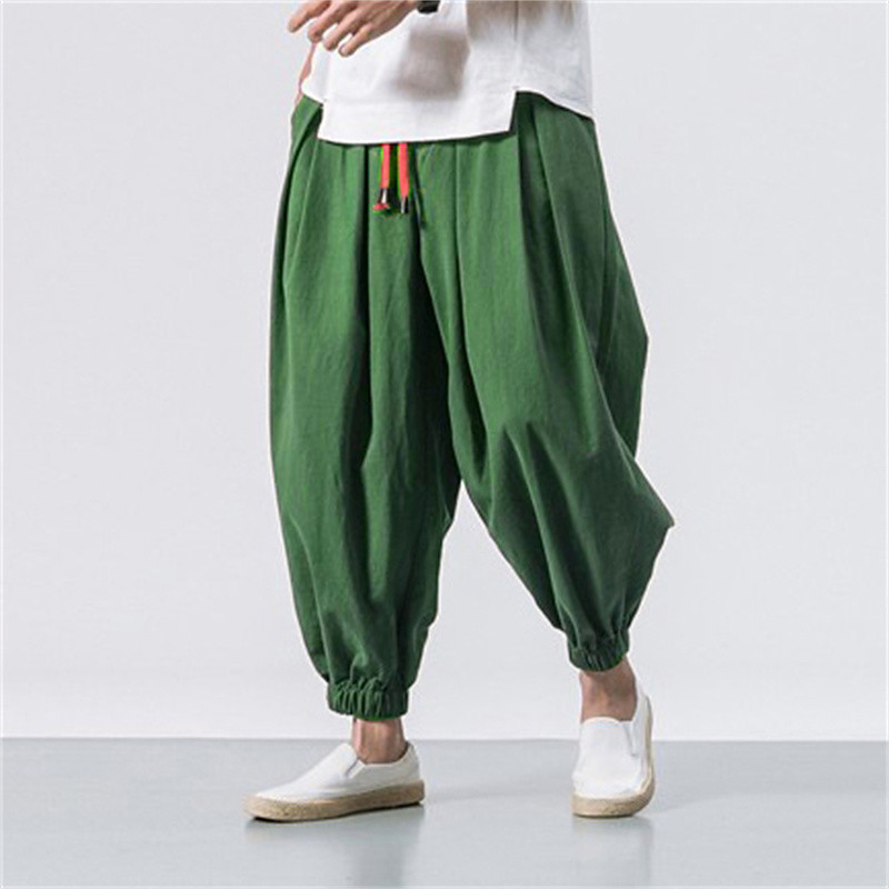 Men's Linen Pants Trousers Summer Pants Bloomers Beach Pants Pocket Drawstring Elastic Waist Plain Comfort Breathable Vacation Daily Holiday Casual Loose ArmyGreen Black
