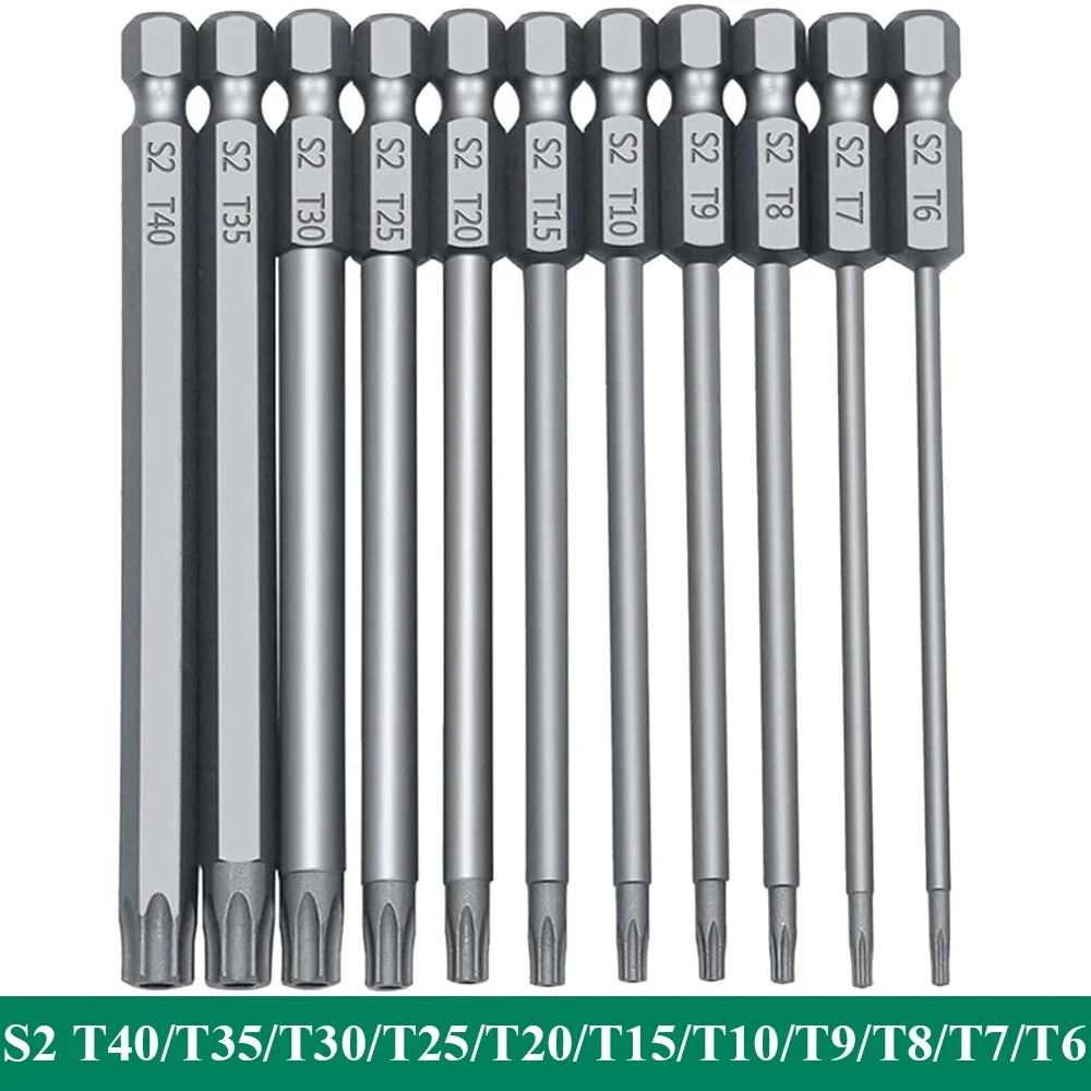 11PCS Set di punte per cacciavite a testa Torx magnetico 1/4 "codolo esagonale in acciaio S2 punte lunghe da 3 pollici punte Torx di sicurezza T6-T40 50/100mm