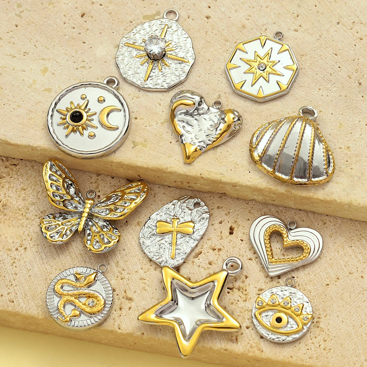 3 pz/lotto francese in acciaio inossidabile bicolore cuore conchiglia occhio collana pendente donne mezzaluna stella charms fai da te gioielli libellula