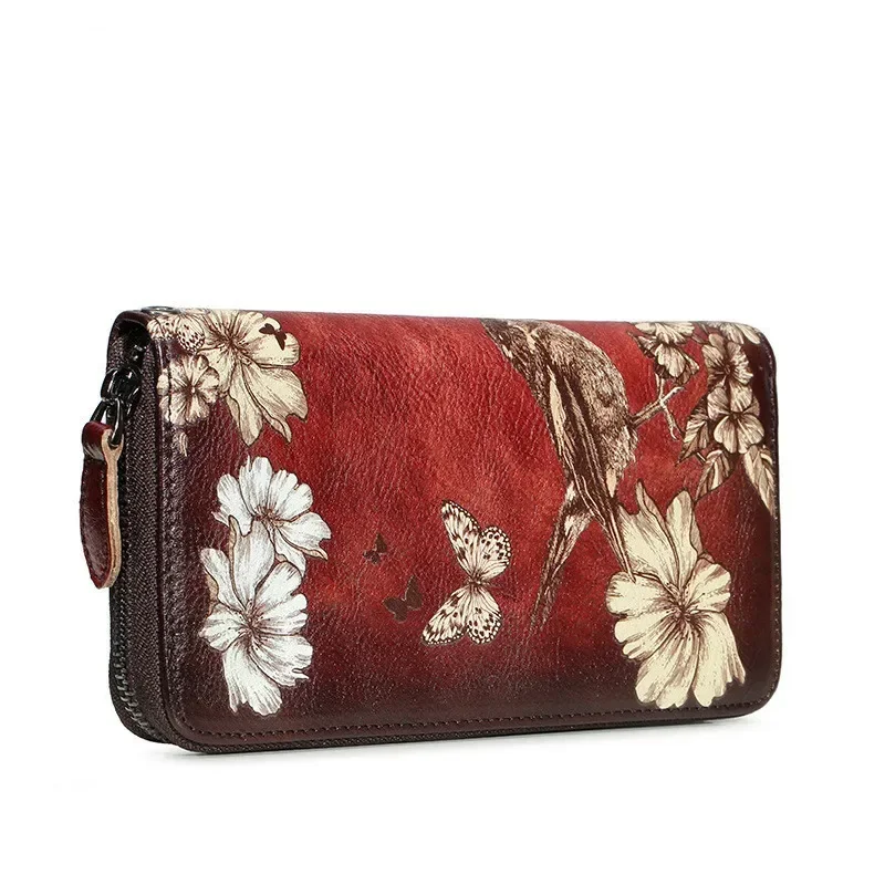 Portefeuille en cuir véritable pour femmes, porte-monnaie, porte-monnaie imprimé floral, pochettes longues, portefeuilles et bourses pour femmes