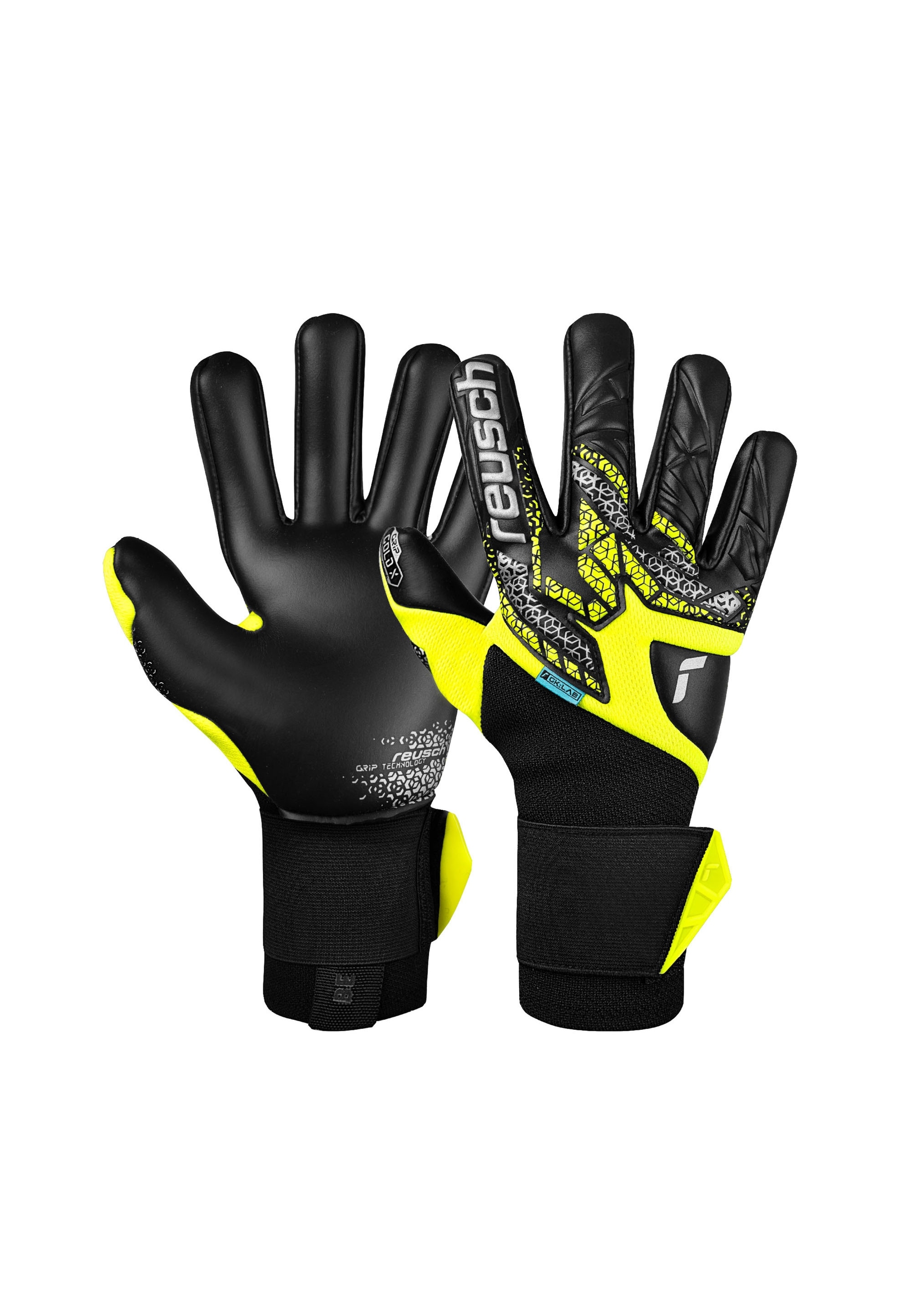 Torwarthandschuhe REUSCH "Attrakt Gold X NC Gravity", Damen, Gr. 10, gelb (gelb, schwarz), 63% Elastodien, 31% Polyester, 3% Polyamid, 3% Polyurethan, mehrfarbig, Handschuhe, mit maximalem Grip Image