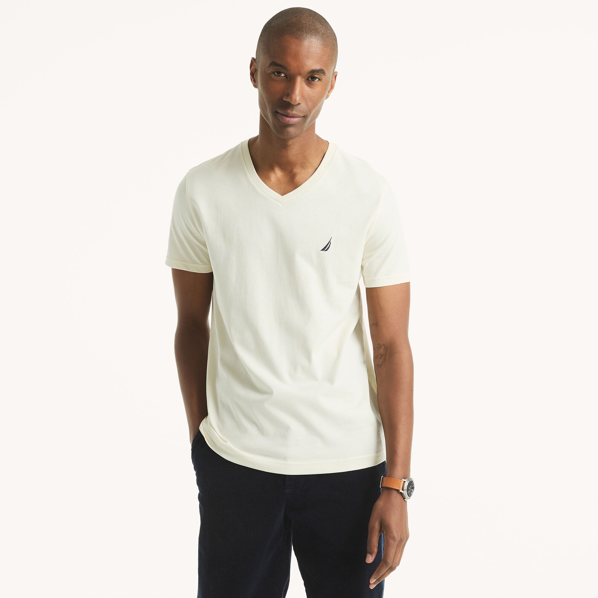 Nautica Men's Premium Cotton V-Neck T-Shirt 172 (Natural), S