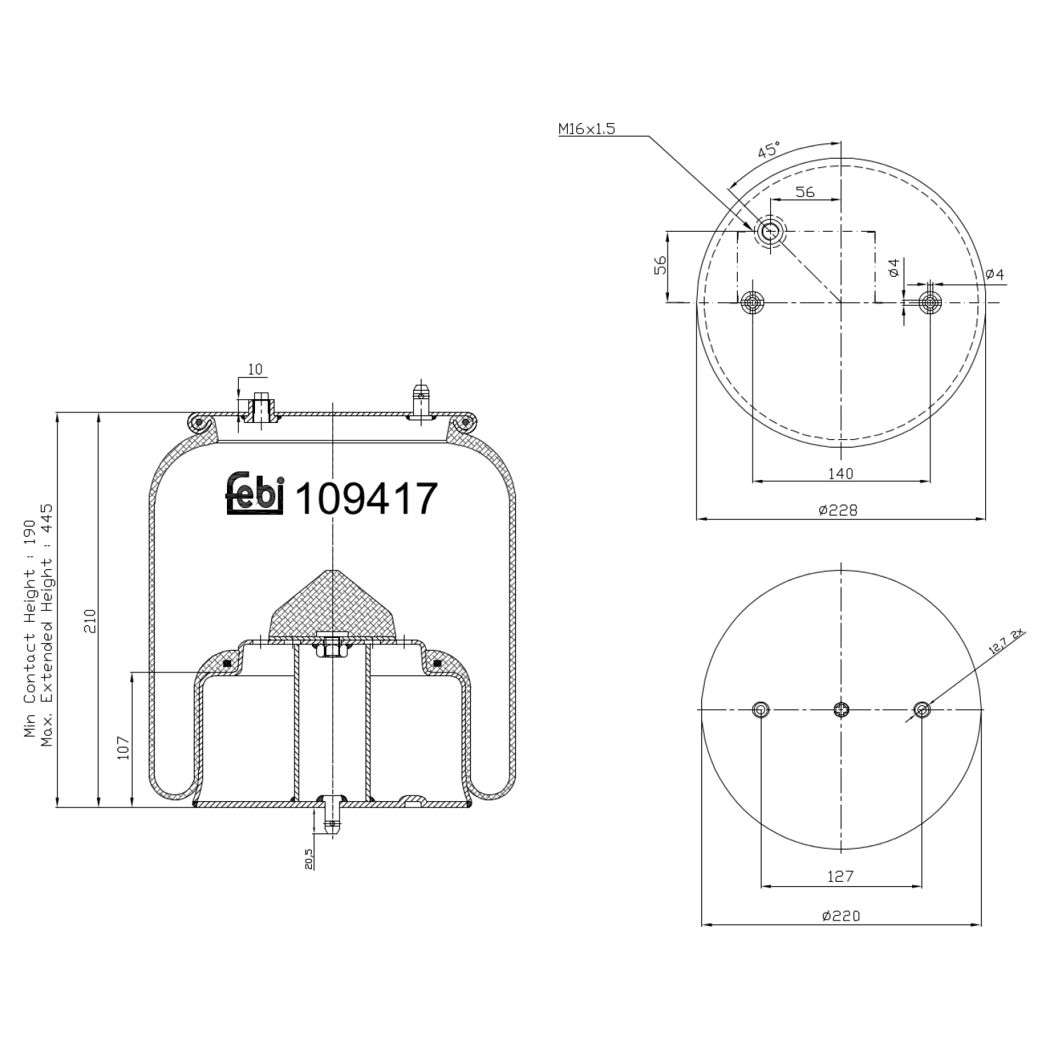 FEBI BILSTEIN Federbalg, Luftfederung Universal Ungelenkte Vorlaufachse mit Kolben 220mm 109417 Image