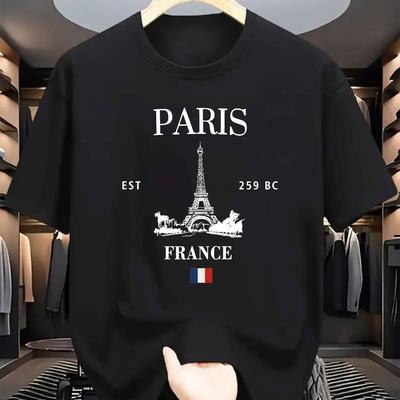 TEMU Men's Paris Graphic T-shirt - Casual Black Short-sleeve Tee With French , Round Neck, Polyester , Ideal For Summer, Apparel|trendy Tshirt|stretchy Fabric Image