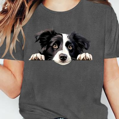 TEMU Border Collie Dog Graphic T-shirt - Cartoon Print, Breathable Green Summer Tee, Relaxed Fit Round Neck, Machine Washable Casual Top For Adults, Dog Tshirt, Clothing Image
