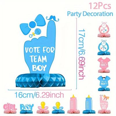 TEMU 12pcs Gender Reveal Party Honeycomb Centerpieces - Team Boy Or Girl Baby Shower Decorations, Pink & Blue Paper Table Decor With Baby Bottle & Clothes Designs, Gender Reveal Celebrations Image