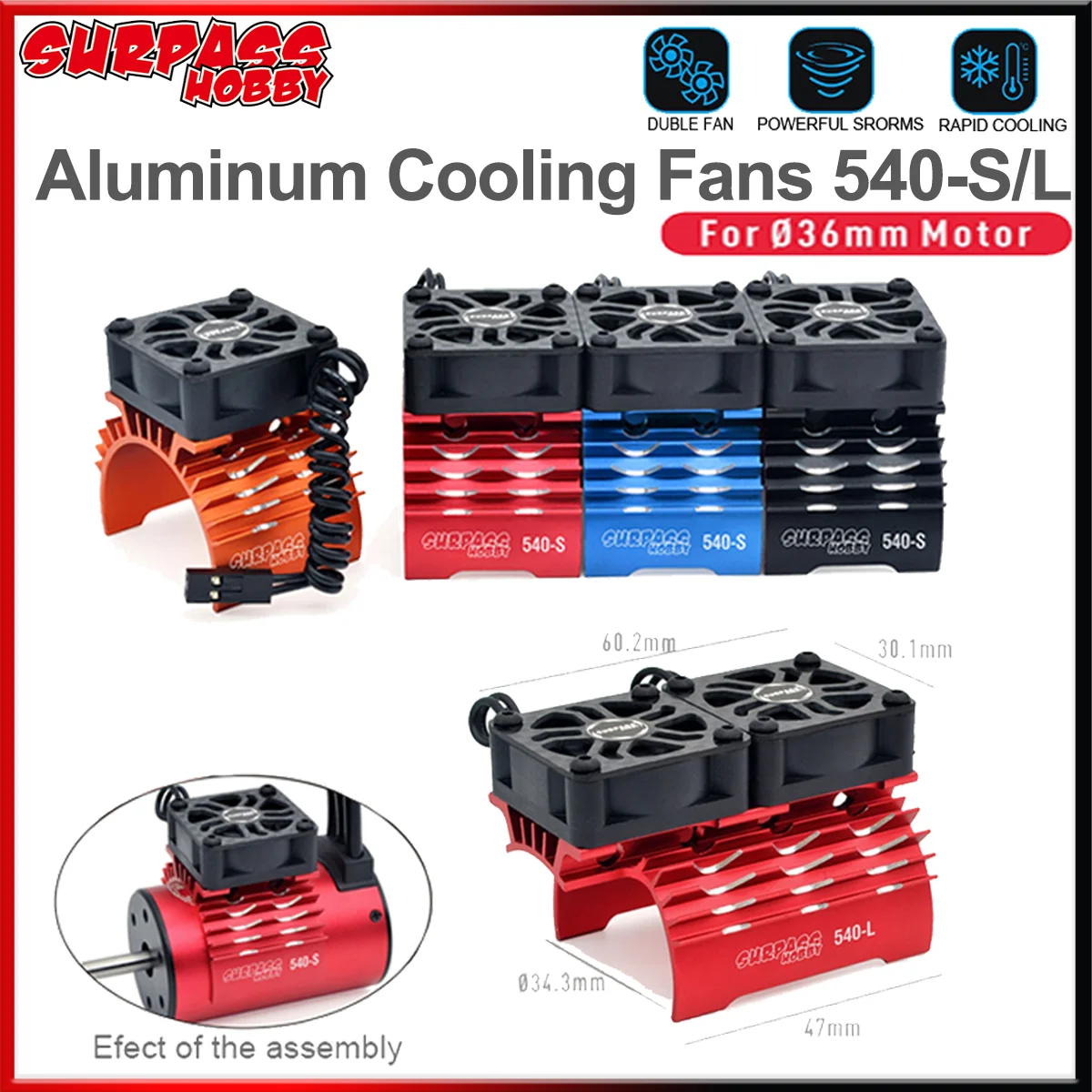 SURPASS HOBBY 36 mm RC-Elektromotor-Lüfter, Kühlkörper, Metall, 8,4 V, 28000 U/min, für 540 550 gebürsteter Motor 1/8 1/10 RC-Modellauto