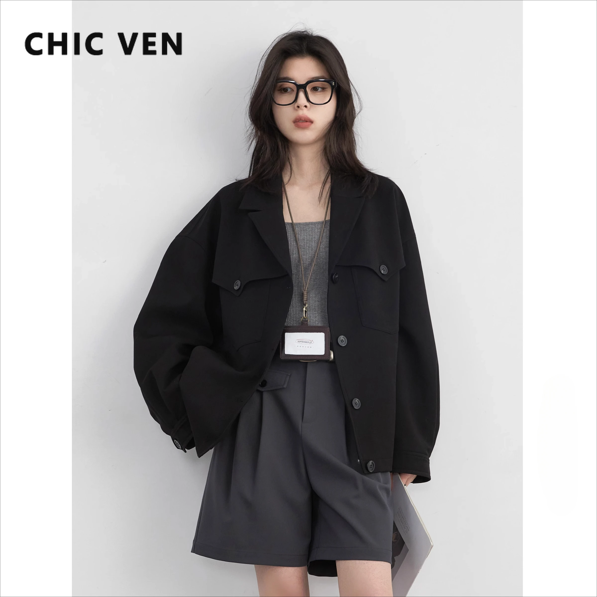 CHIC VEN Streetwear Frauen Jacken Casual Solid Black Lose Mantel Einreiher Weiblichen Kurzen Mantel Frühling Herbst 2025