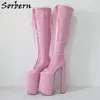 Sorbern Rosa Overknee-Stiefel Damen Unisex Fetisch 30 cm Block High Heel Unsichtbare Plateauschuhe Drag Queen Benutzerdefinierte Größe EU3-48
