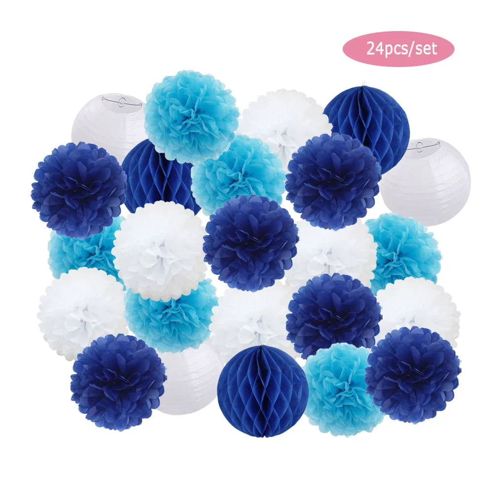 24 teile/satz Baby party Party bevorzugen hängenden Papier Pompon Kinder Junge Mädchen Geburtstag dunkelblau Hochzeits ereignisse Dekoration weiße Laternen Image