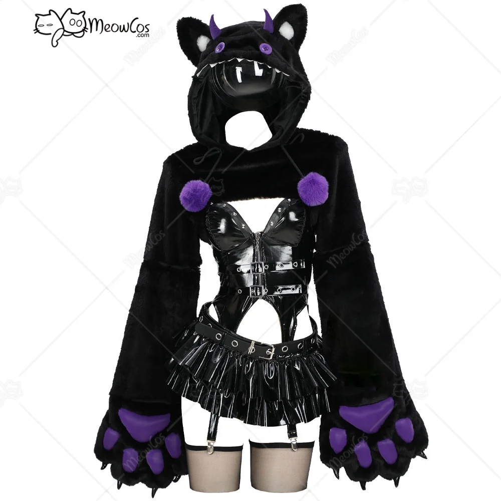 MEOWCOS Damen Pawsitive Mood Gothic Sexy Dessous-Set, Reißverschluss-Oberteil und Tanga, schwarz-lila, kurzer Kapuzenpullover mit pelzigen Pfotenhandschuhen