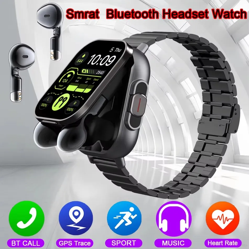 Neue Smart Uhr Männer 2in1 Mit Ohrhörer Herzfrequenz GPS Tracker TWS Bluetooth Kopfhörer Monitor Spielen Musik Sport Fitness Smartwatch Image
