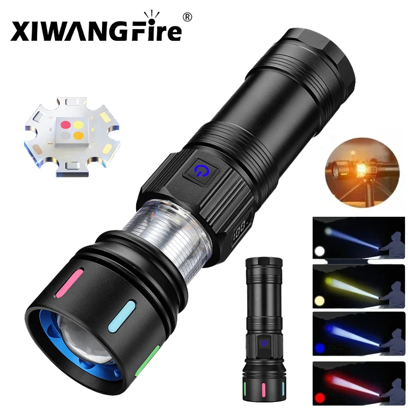 Leistungsstarke taktische LED-Taschenlampe, USB wiederaufladbar, Zoom-Scheinwerfer, Taschenlampe, rot, gelb, blau, weißes Licht, Notfall-Aluminium-Taschenlampe Image