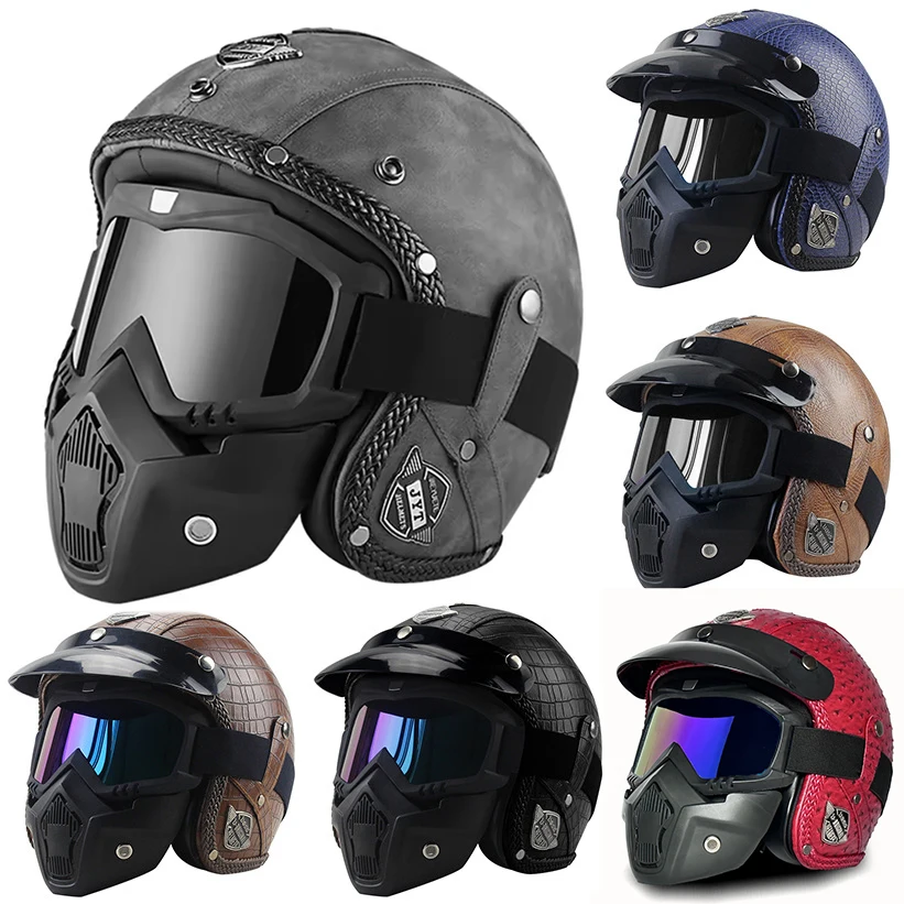 Casque rétro Moto casques ouverts en cuir PU Casco Moto casque Vintage Capacete De Moto équipements De Moto ECE DOT
