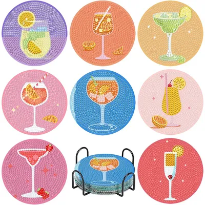 8PCS Retro Diamond Painting Coaster Kits Vintage Cocktail Diamond Art Coasters with Holder 5D DIY