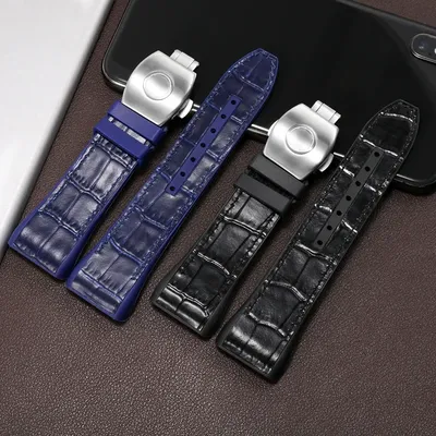 28mm High Quality Nylon Genuine Leather Silicone Watchband Black Blue Folding Buckle Watch Strap For