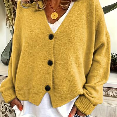 TEMU Fall/winter Casual Knit Cardigan, Solid Yellow, V-neck, Button Detail, Polyester, Knit Fabric, /m² Image
