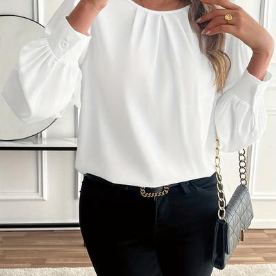 TEMU Women's Elegant Solid Color Long Sleeve T-shirt - Pleated Round Neck Top, Soft & Comfortable For Casual Or Formal Occasions, Ladies T Shirts Image