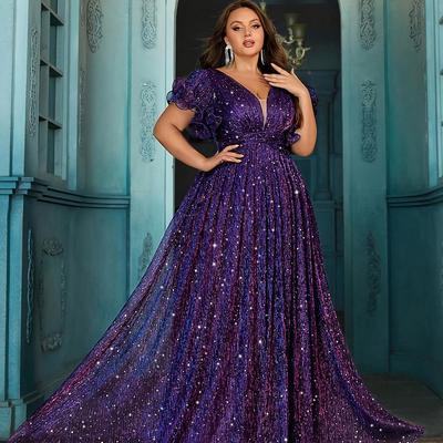 TEMU Qoq Women's Plus Size Elegant V-neck Ruffle Sleeve Evening Gown, 100% Polyester Ball Gown With Zipper Back, Regular Fit Fit And Flare Party Dress For Wedding, Graduation, Dinner - Solid Color Image